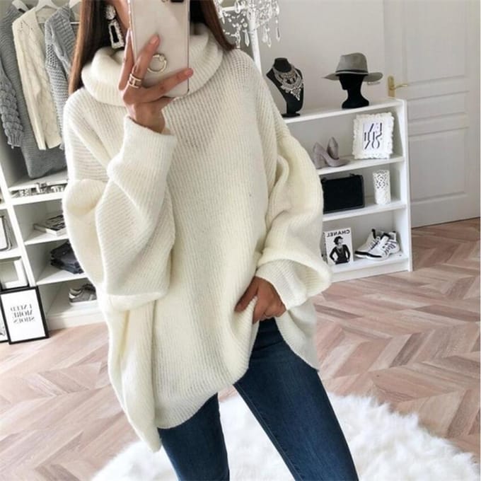 Pull décontracté à col haut pour femme, ample, couleur unie, pull chaud, à la mode, hiver S blanc