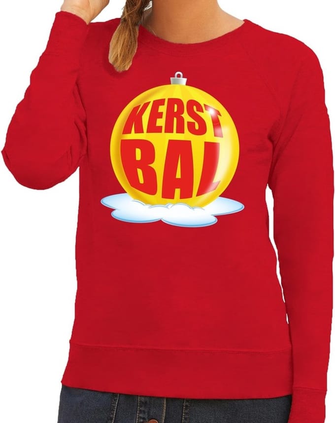Foute kersttrui kerstbal geel op rode sweater voor dames - kersttruien M