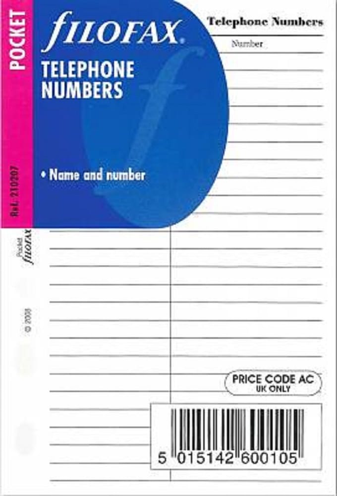 Filofax - vulling pocket - telefoonnummers - wit gelijnd