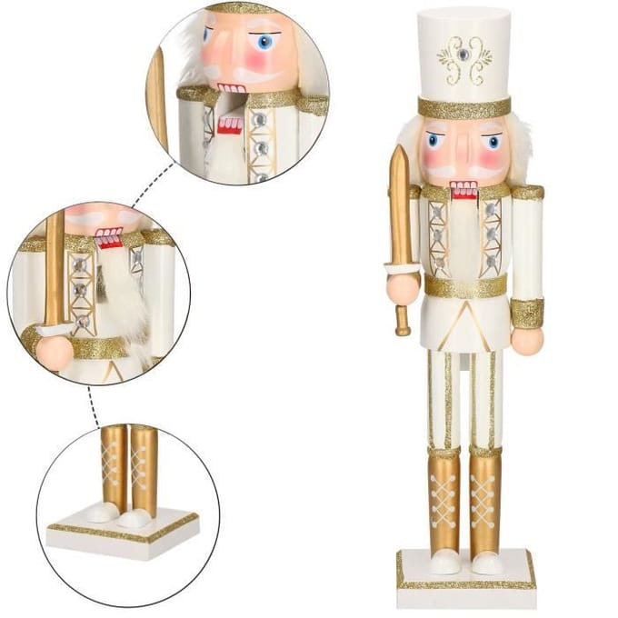 Springos Notenkraker Kerst | Houten Soldaat | Kerstversiering | Wit/Goud | 38 cm