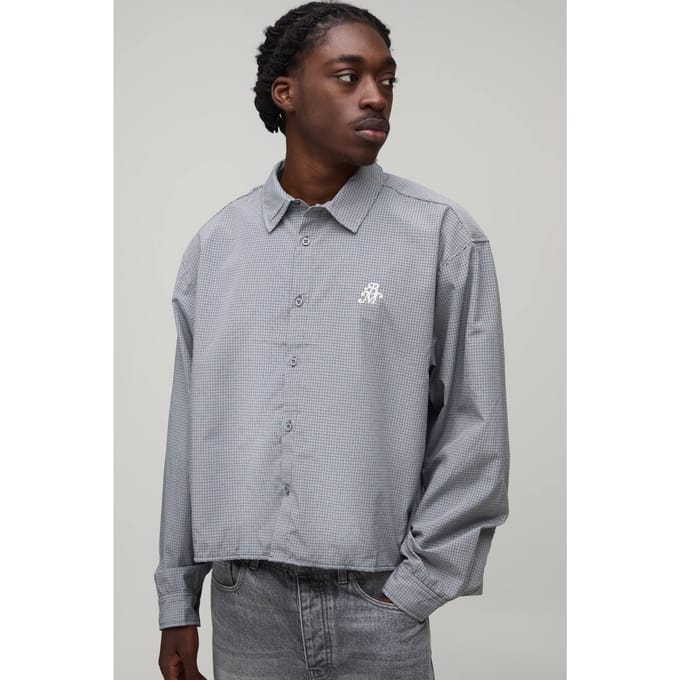Oversized Crop Micro Ruit Overhemd Met Lange Mouwen | Charcoal | Size Small
