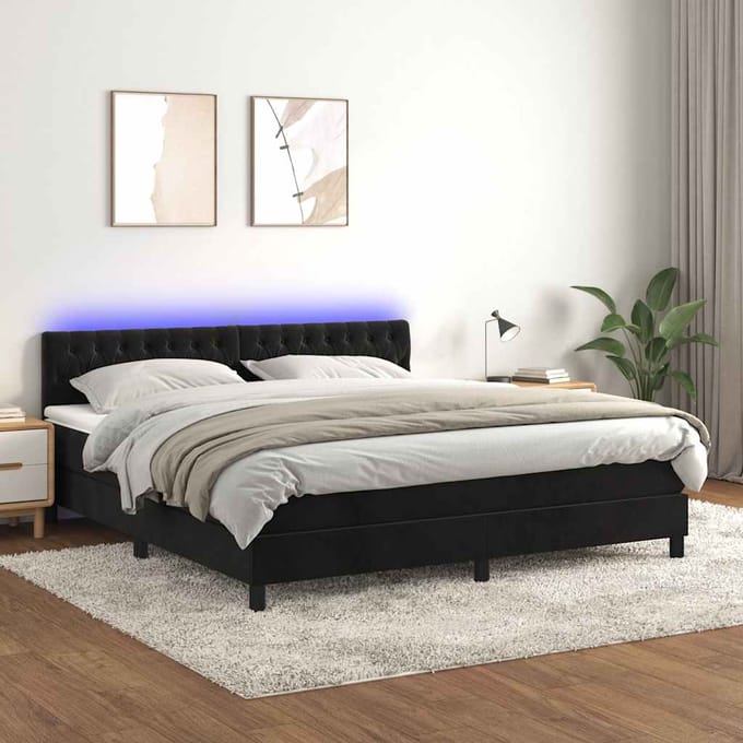 vidaXL - Boxspring - met - matras - en - LED - fluweel - zwart - 160x200 - cm
