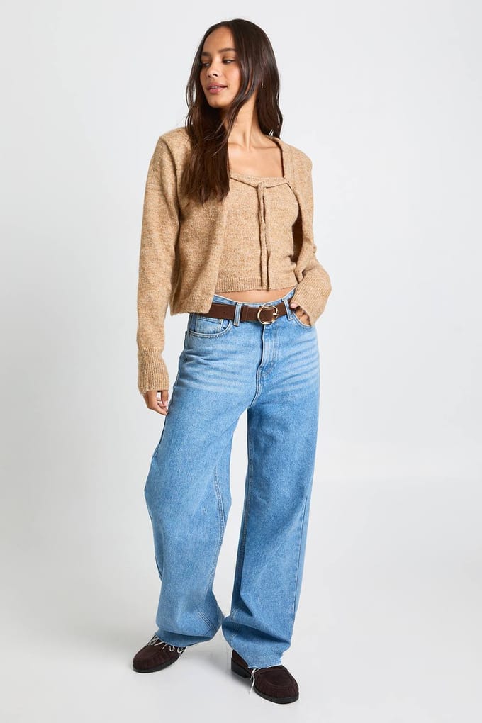 boohoo Dames Gebreide Strik Vest en Hemdje Set | Camel | Maat: Medium