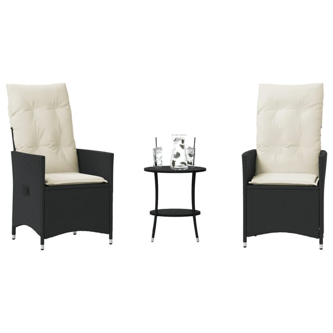 vidaXL - 3-delige - Bistroset - met - kussens - poly - rattan - zwart