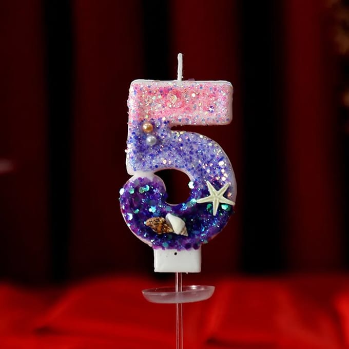 DW4Trading Verjaardagskaars 5 Paars Roze met Schelpjes - Cijfer-kaars - Taartversiering