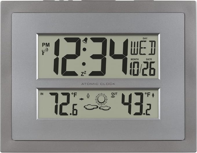 Digitale Wandklok met Temperatuur en Voorspelling in Grijs/Zilver