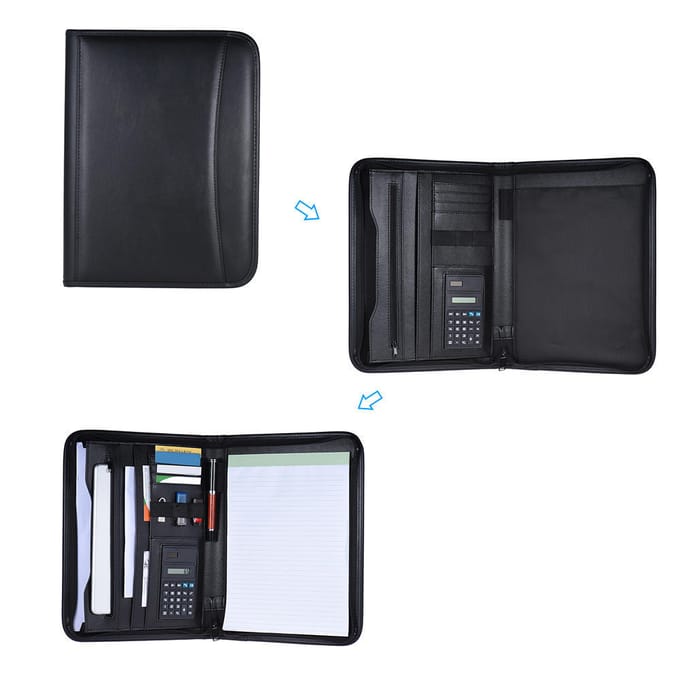 Organisateur de documents multifonctionnel à fermeture éclair, en cuir PU A4 avec bloc-notes black