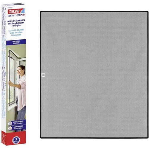 tesa INSECT STOP Clip-on Frame Fly Screen for Window - verstelbaar frame, glasvezelnet, zelfklevende clips, antraciet - 100 x 120 cm