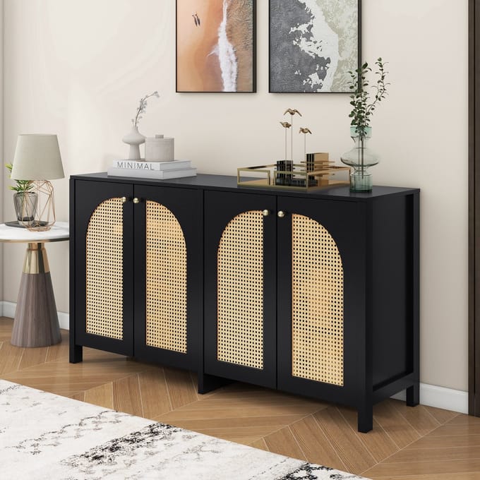 MIVRAY Dressoir - Vier Deuren Met Gebogen Rotanlook Front - Indeling Met Vier Vakken - Metalen Grepen - MDF - Zwart