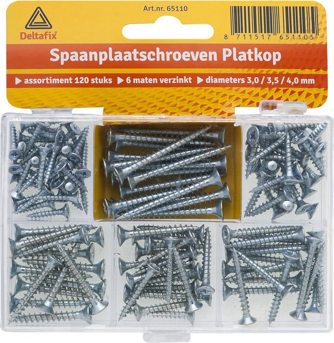 Deltafix assortimentsdoos spaanplaatschroeven - verzinkt - platkop - 120-delig