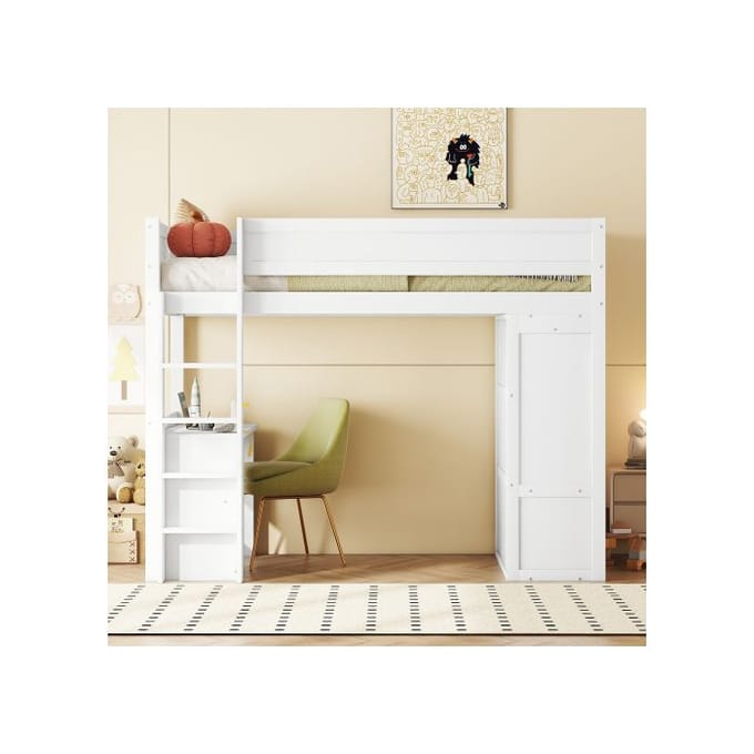 Verhoogd bed - MUVOE - 90x200cm - Wit - Met kast en bureau - 2 opberglades wit