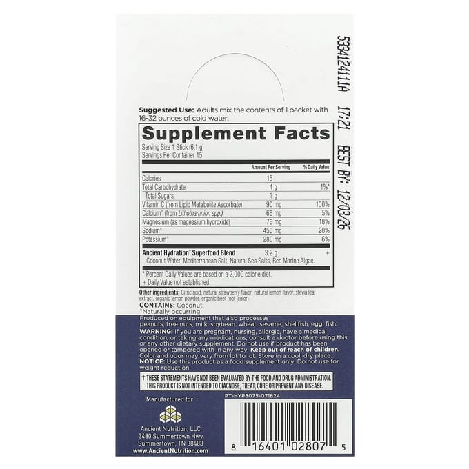 Snelle Hydratatie, Aardbeienlimonade, 15 Zakjes, 6.1G (0.2oz) Elk