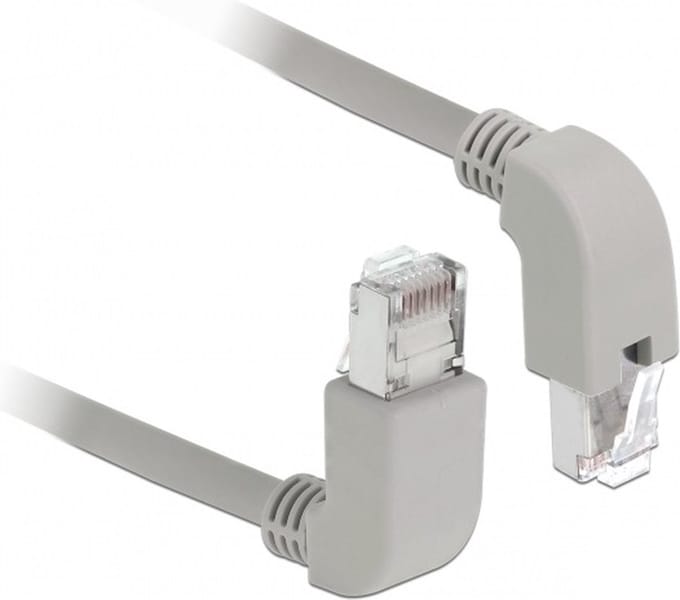 S/FTP CAT6a 10 Gigabit netwerkkabel haaks naar boven / haaks naar beneden / grijs - LSZH - 2 meter