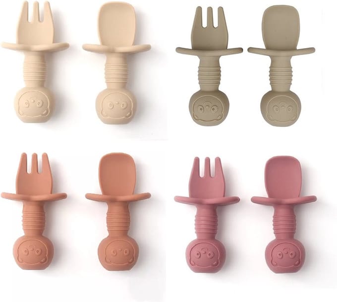 4 Setjes - Siliconen Baby Bestek - Vork en Lepel - Kinderbestekset - Roze Beige