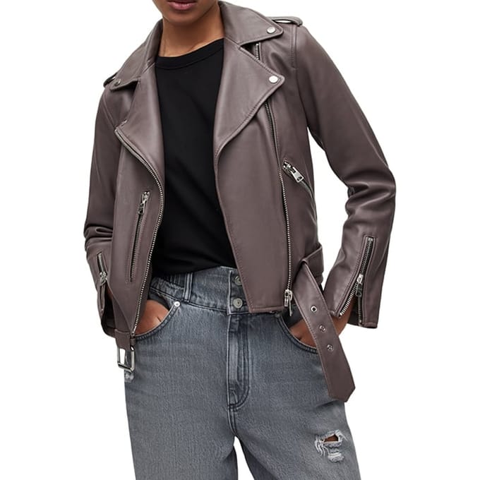 AllSaints Balfern Biker Heather Grey Maat: 2 | Leren Jassen Outlet | Dames | Bruin