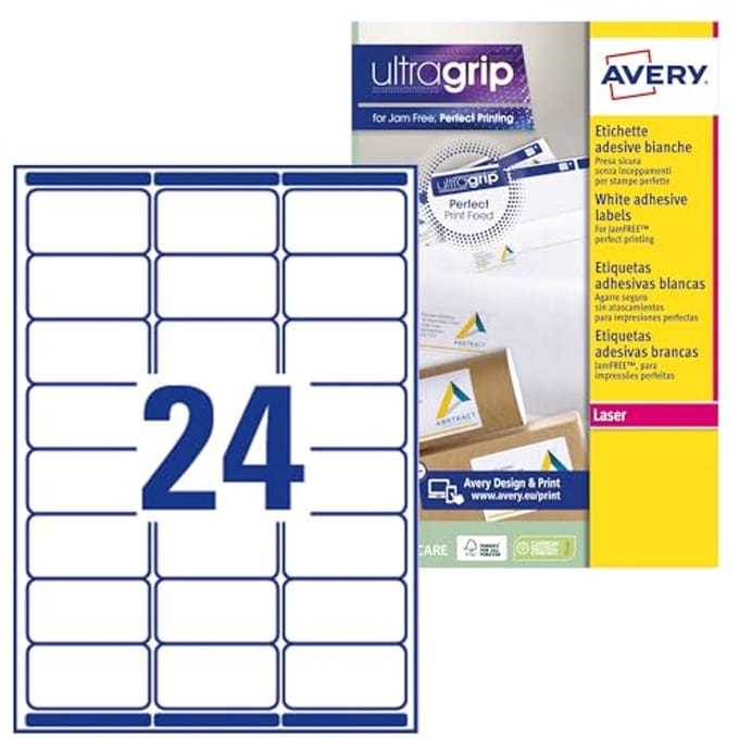 Adresetiketten 24 etiketten per vel, 100 vellen, 63,5 x 33,9 cm, wit