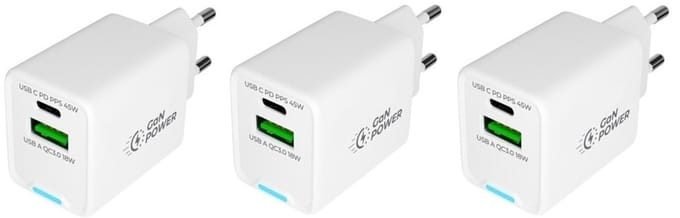 3 stuks OneOne 45W super snellader met 2 poorten. USB C en USB A. Compacte GAN Quick Charge lader. PD PPS oplader adapter past op Apple iPhone 13 Mini, iPhone 13 Pro, iPhone 13 Pro Max, iPhone 14, iPhone 14 Plus, iPhone 14 Pro, iPhone 14 Pro Max