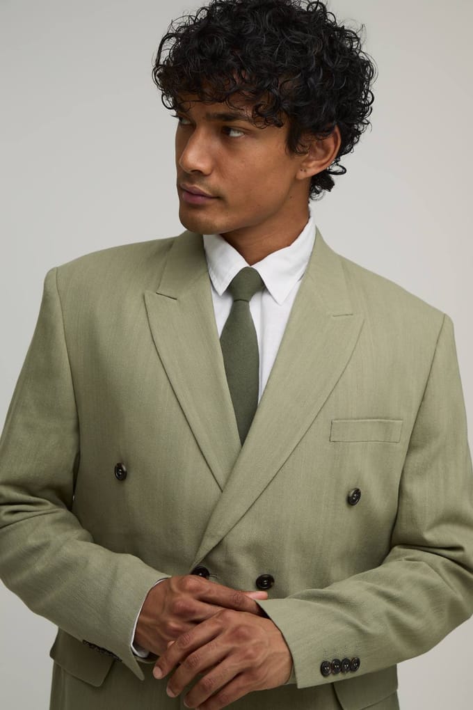 Linen Look Oversized Double Breasted Blazer | Olive | Size 46