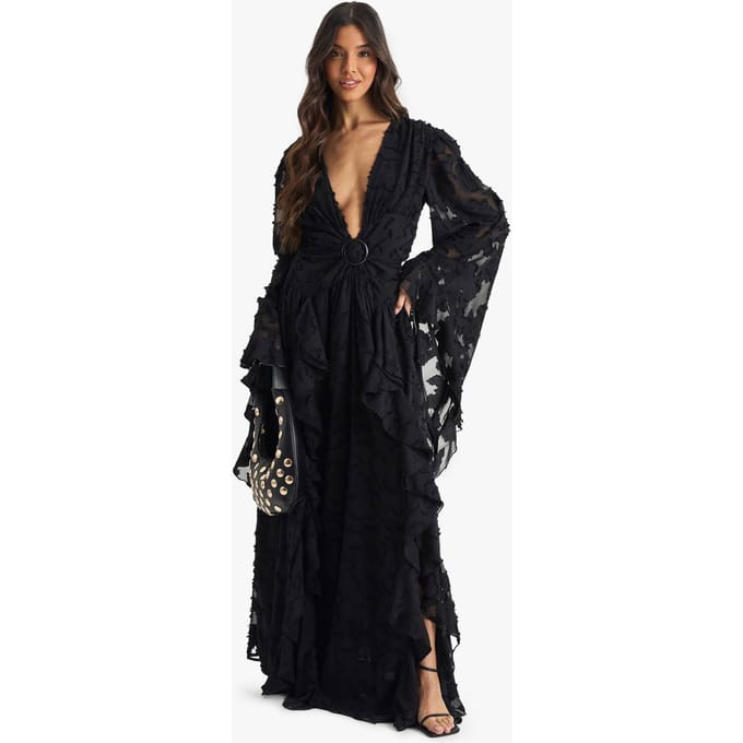boohoo Dames Maxi-jurk met textuur, split en uitgesneden details | Zwart | Maat: 42