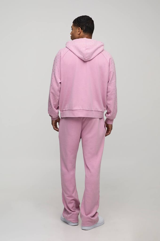 Reguliere pasvorm heren joggers met script, strass en gewassen inzet | Pink | Size Medium