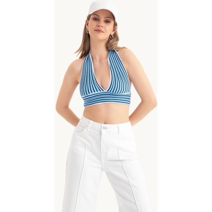 Gestreepte Diepe V-Hals Halter Rugloze Crop Top