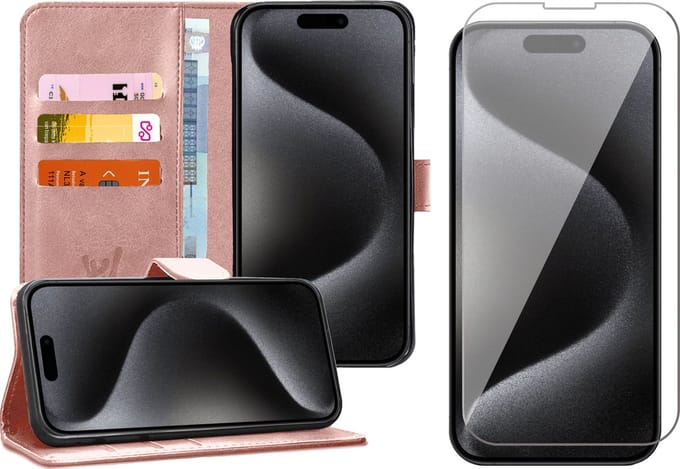 Hoesje geschikt voor iPhone 15 Pro Max - Screen Protector GlassGuard - Book Case Kunstleer Pasjeshouder Rosegoud & Screenprotector