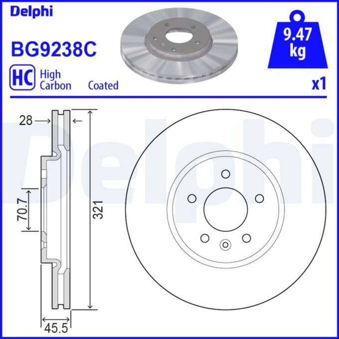 Remschijf DELPHI BG9238C voorkant, geventileerd, sterk gecarboniseerd, 1 Stuk