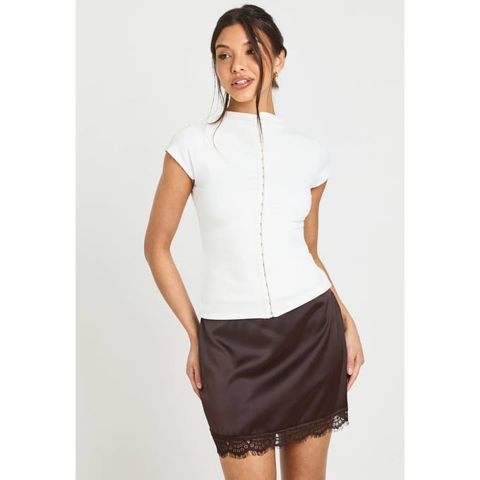 boohoo Dames Satijnen Mini Rok Met Kanten Bies | Chocolate | Maat: 16