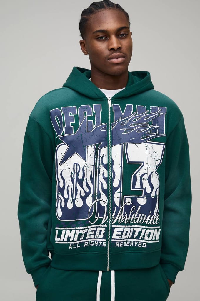 Oversized Boxy OFCL Men's Spray Wash Zip Through Hoodie | Forest | Size Medium