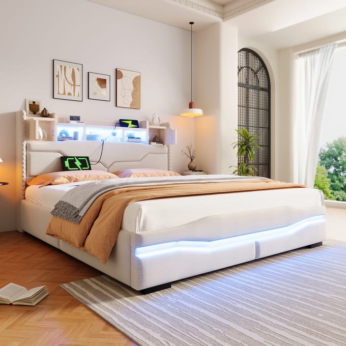 Sweiko Tweepersoonsbed - 160 x 200 cm - USB-aansluiting - LED-verlichting - Opbergruimte - Beige