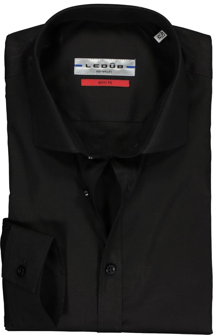 Ledub Stretch Slim Fit overhemd - zwart - Strijkvriendelijk - Boordmaat: 37