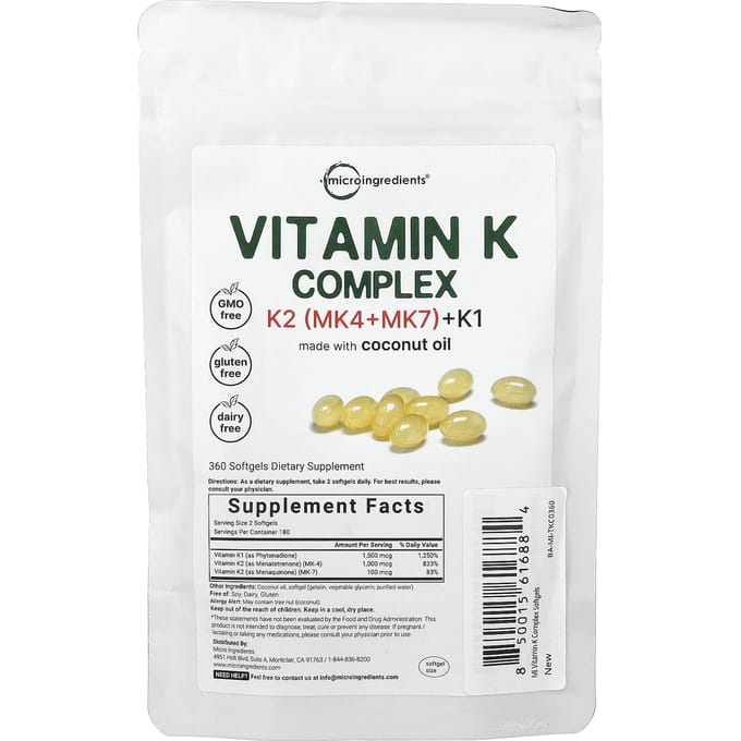 Micro Ingredients, Complexe de Vitamine K, 360 Gélules Molles