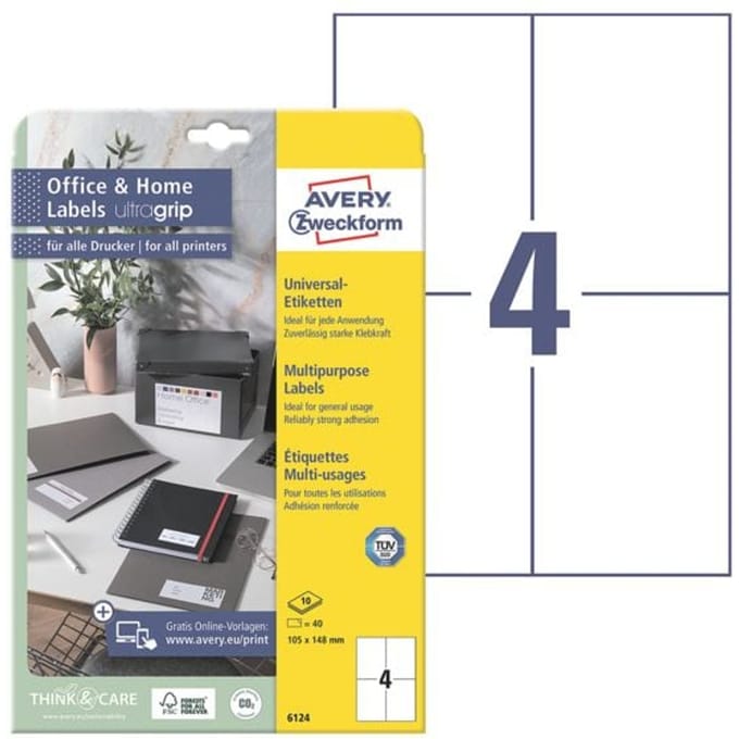 Avery-Zweckform 6124 105 x 148 mm Papier Wit 40 stuk(s) Permanent hechtend Universele etiketten Inkt, Laser, Kopie 10 vel