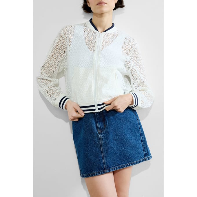 French Connection Krista Lace Mix Knit Bomber Summer White/navy Taglia: S | Bomber Outlet | Donna | Bianco