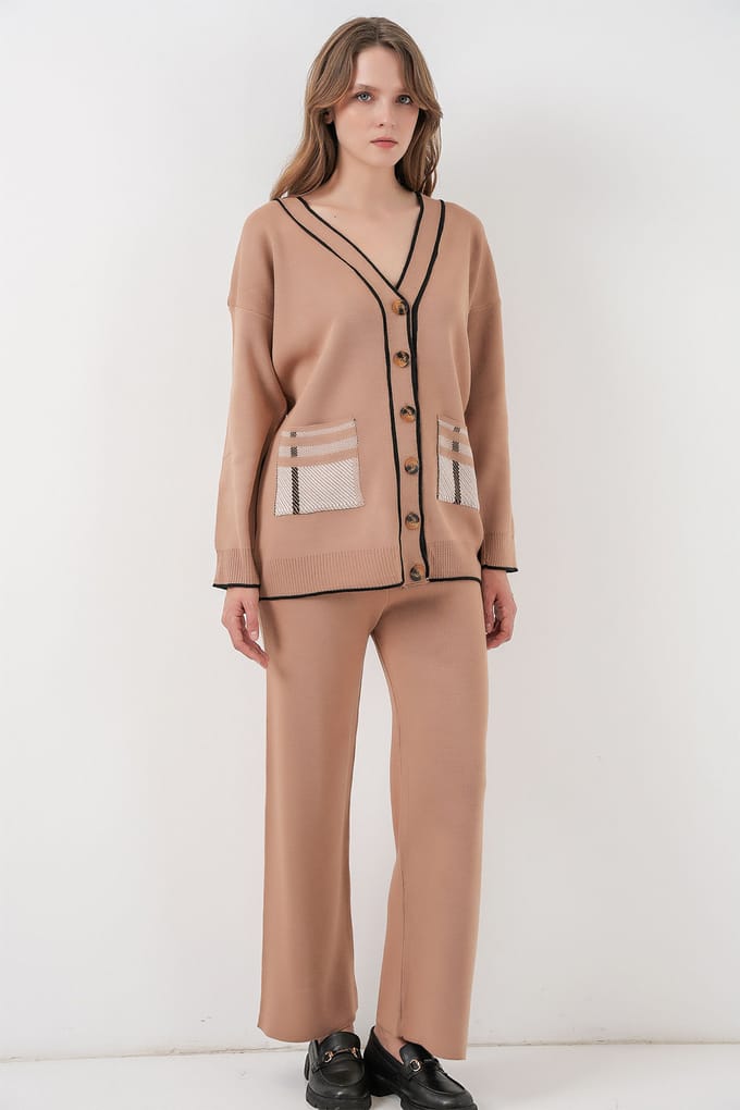 Pocket Gedetailleerde V-hals Cardigan en Wijde Broek Set