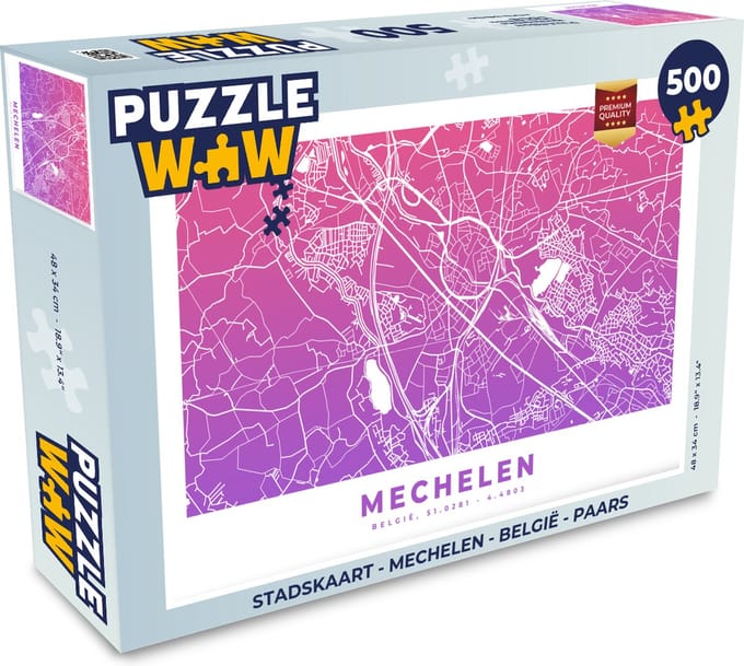 Puzzel Stadskaart - Mechelen - België - Paars - Legpuzzel - Puzzel 500 stukjes - Plattegrond