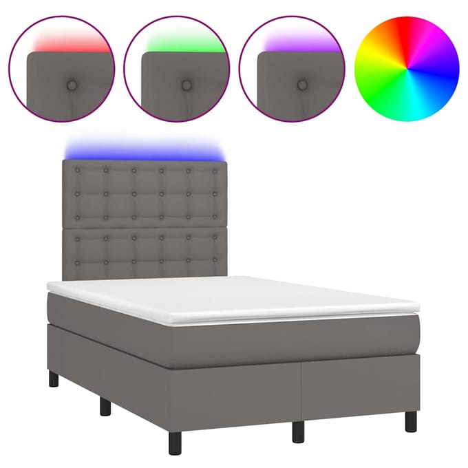 vidaXL - Boxspring - met - matras - en - LED - kunstleer - grijs - 120x190 - cm