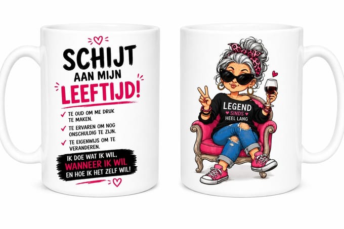 bedrukte Beker / mok met tekst en afbeelding - schijt aan mijn leeftijd