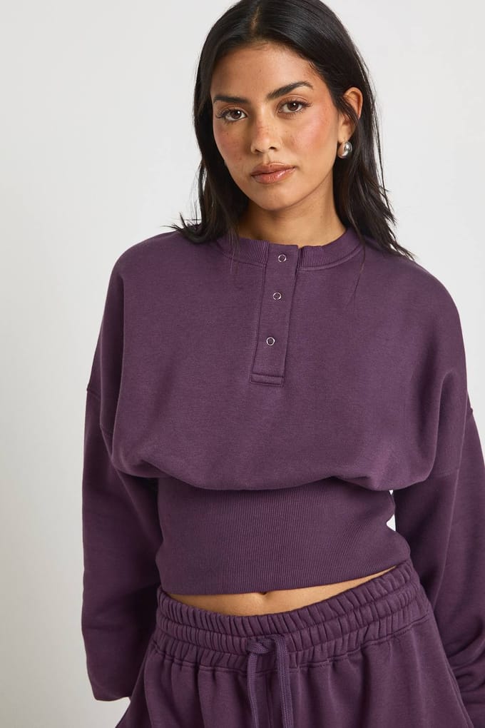 boohoo Dames Diep Zoom Henley Sweatshirt Trainingspak | Plum | Maat: Medium
