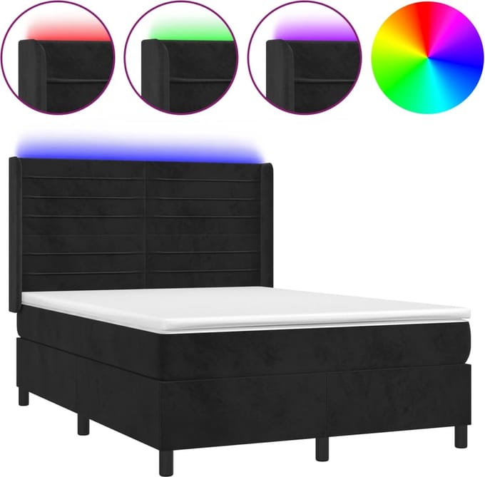 vidaXL - Boxspring - met - matras - en - LED - fluweel - zwart - 140x200 - cm
