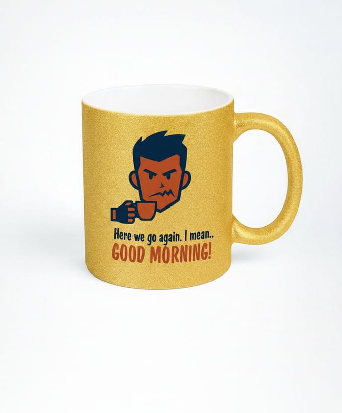 Gouden Koffiemok "Here we go again" - Grappige Morgenmok