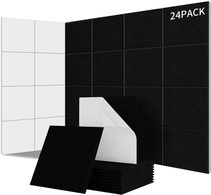 24 x Zwarte Akoestische Panelen - Zelfklevende Akoestische Panelen - 30*30*0,9cm - Vierkant Ontwerp - 100% Polyester - NRC