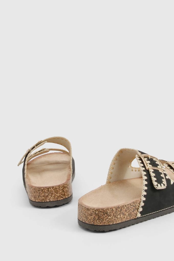 boohoo Dames Contrasterende stikseldetail dubbele gesp slides | Zwart | Maat: 36