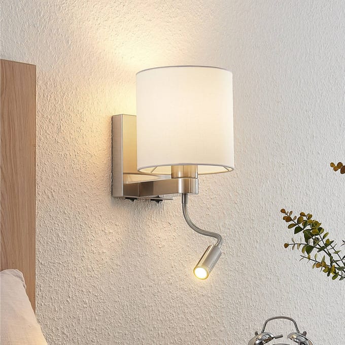 Lucande - wandlamp - 1licht - Staal, aluminium, textiel - H: 45.4 cm - E27 - nikkel satijn, wit