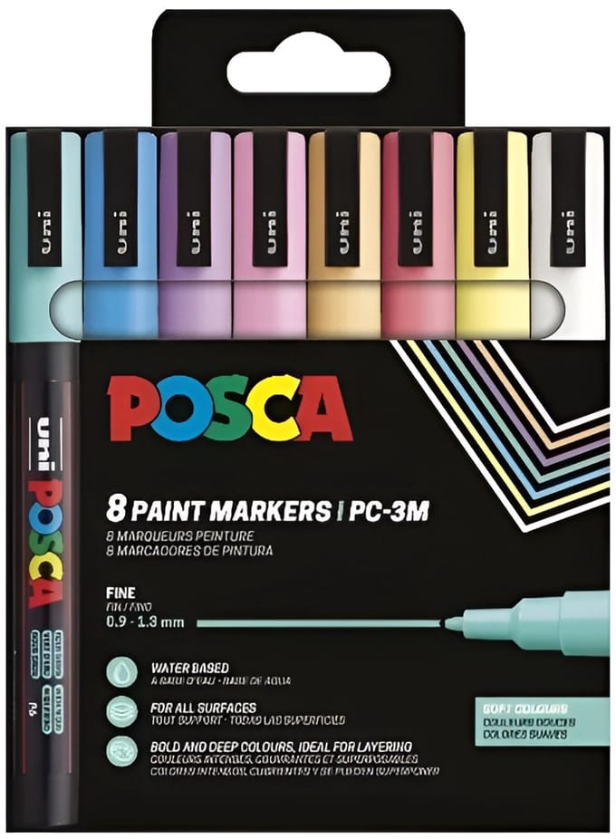 Uni POSCA paintmarker PC-3M | 1 | 5 mm | etui van 8 stuks in geassorteerde zachte kleuren