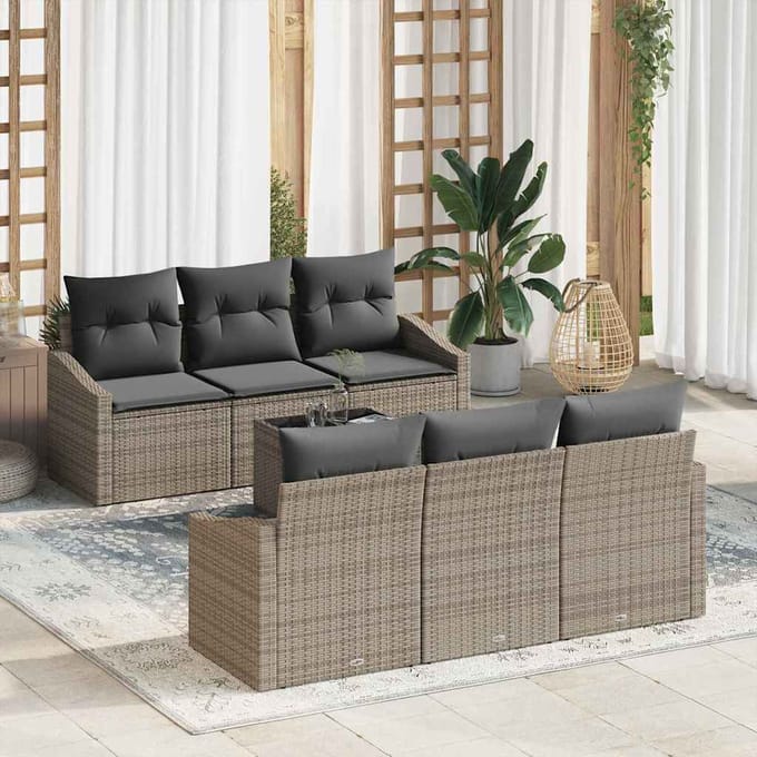 vidaXL Bankstel met kussen met opslag 7 pcs Grijs poly rattan