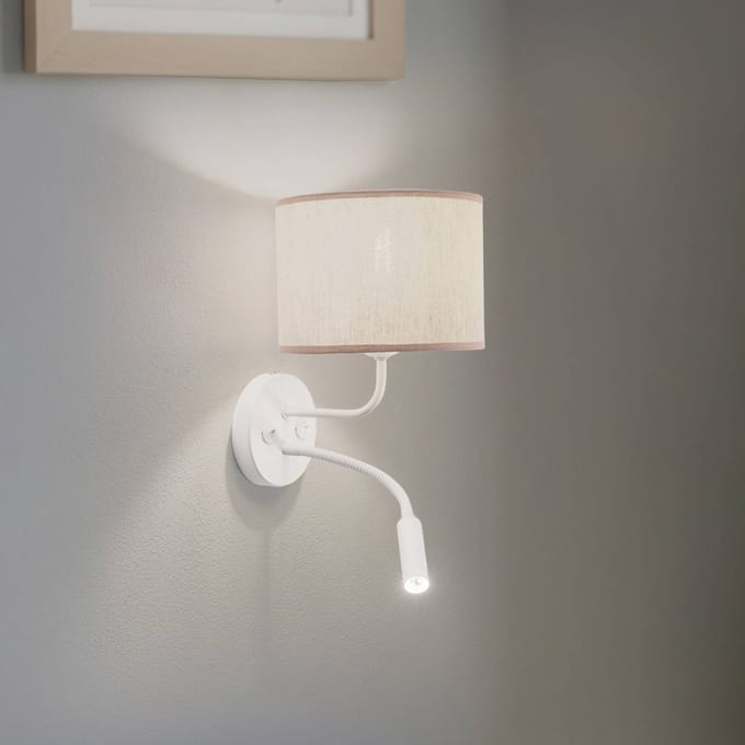 Duolla Wandlamp Roller, katoen ruw wit, wit, met leeslampje