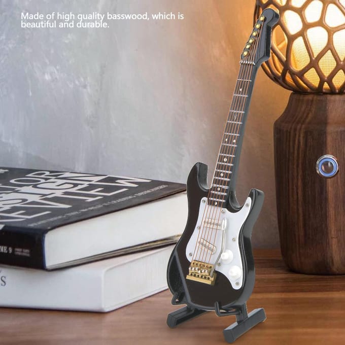 Delicate 14 cm Mini Houten Elektrische Gitaar Model Ornamenten Collectie met Standaard(Zwart) zwart