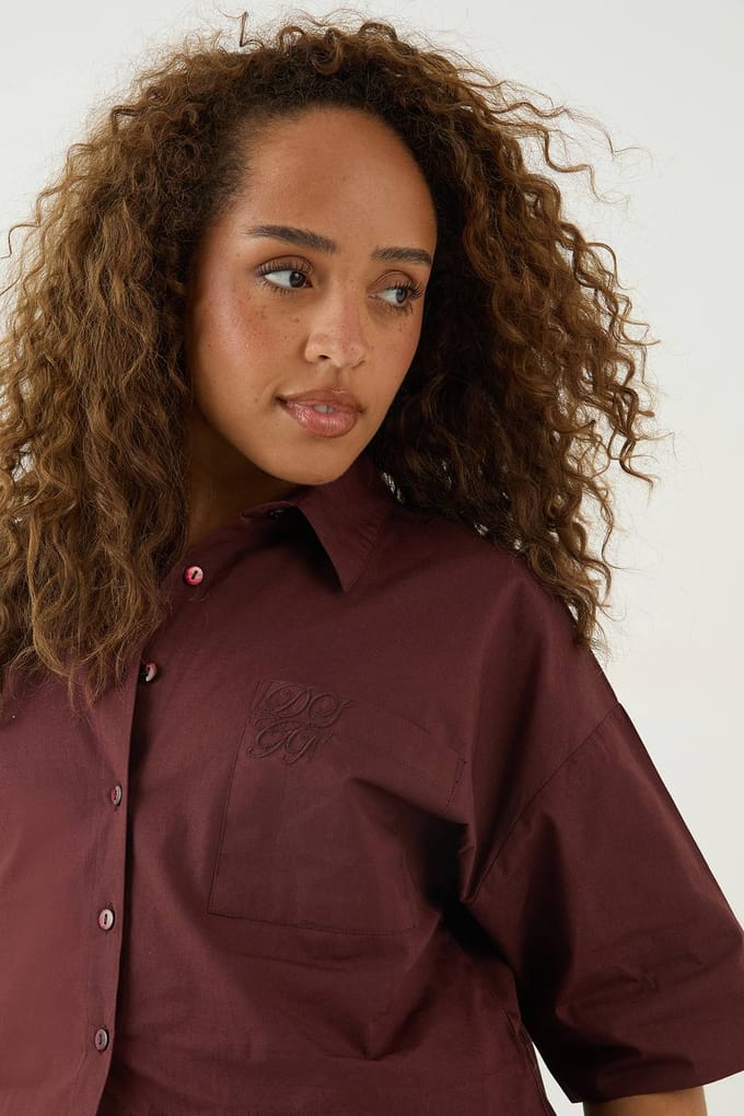 Dames Dsgn Studio Boxy Crop Poplin Overhemd | Chocolate | Maat: Medium