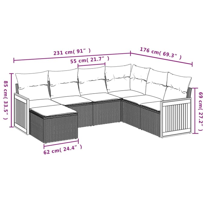 vidaXL - 7-delige - Loungeset - met - kussens - poly - rattan - zwart